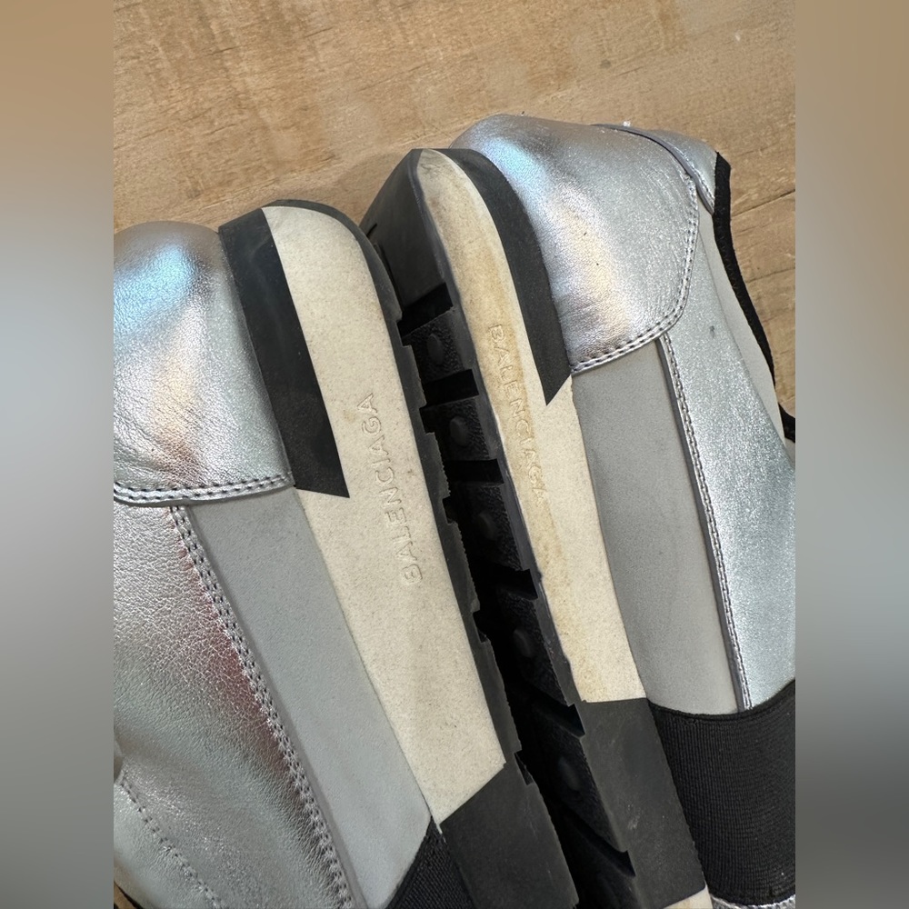Balenciaga race runner sneakers metallic silver grey black leather tennis shoes - Picture 10 of 14